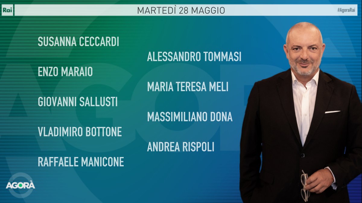 Ecco gli ospiti di Roberto Inciocchi di martedì #28maggio ad #AgoraRai. Vi aspettiamo dalle 8.00 alle 09:35 su #Rai3 e #RaiPlay.