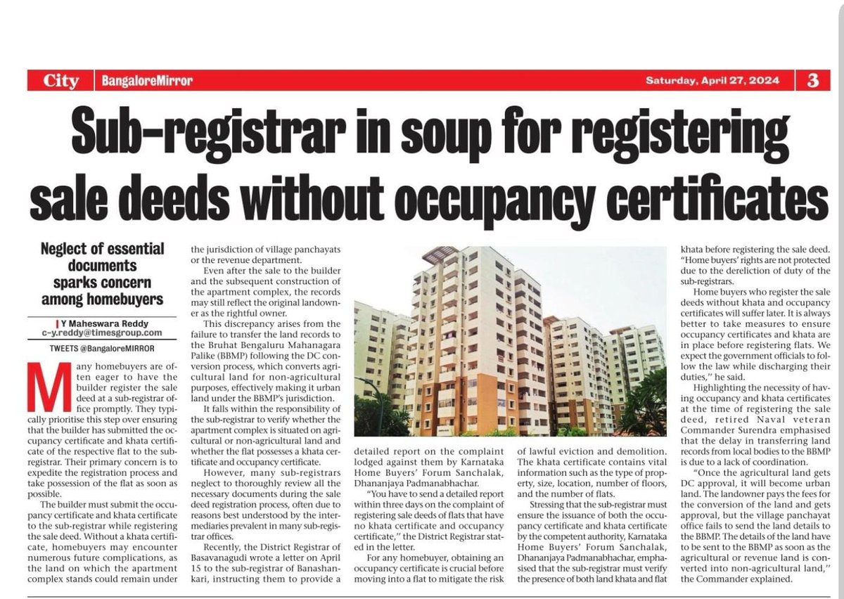 @krishnabgowda Sir, sub registrar are registering the flats without OC and without khata violating Govt orders. Why no action yet? @CMofKarnataka @lkatheeq @DKShivakumar @Tejasvi_Surya @narendramodi @HardeepSPuri @IGRKarnataka @ANI @timesofindia @publictvnews @BangaloreMirror @KA_HomeBuyers