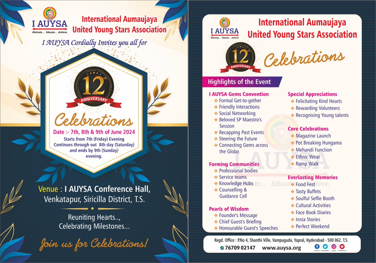I AUYSA cordially invites you all for grand 12th anniversary celebrations on 7th, 8th &amp; 9th of June 2024. The event will occur at the I AUYSA Conference Hall, Venkatapur Village, Siricilla(Dist).  we look forward to seeing you. #7670902147 #iauysa #spmaestro #anniversary #youth