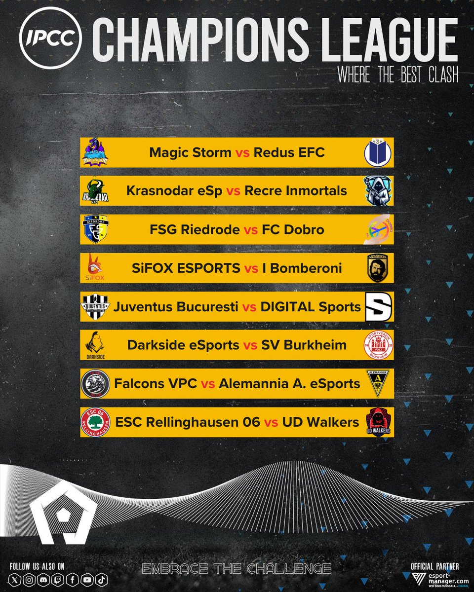 ProLeague (@proleaguecom) on Twitter photo ๐ Champions League Knock-Outs!
<a href="/Magic_Storm_/">Magic Storm E-Sports</a> โ๏ธ Redus EFC
Krasnodar eSp โ๏ธ Recre Inmortals
<a href="/RisingRain_/">FSG Riedrode Esports</a> โ๏ธ <a href="/FcDobro/">Fc Dobro</a>
@SiFOX_ESPORTS โ๏ธ <a href="/IBomberoni/">I Bomberoni</a>
<a href="/JuventusBuc/">Juventus Bucuresti eSports</a> โ๏ธ <a href="/DIGITALSportsGG/">DIGITAL Sports</a>
Darkside eSp โ๏ธ @VOLTBurkheim
<a href="/FalconsVPC/">FALCONS</a> โ๏ธ <a href="/ATSV1900eSports/">Alemannia Aachen eSports</a>
ESC Rellinghausen โ๏ธ <a href="/UdWalkers/">UD Walkers</a> ๐ Champions League Knock-Outs!
<a href="/Magic_Storm_/">Magic Storm E-Sports</a> โ๏ธ Redus EFC
Krasnodar eSp โ๏ธ Recre Inmortals
<a href="/RisingRain_/">FSG Riedrode Esports</a> โ๏ธ <a href="/FcDobro/">Fc Dobro</a>
@SiFOX_ESPORTS โ๏ธ <a href="/IBomberoni/">I Bomberoni</a>
<a href="/JuventusBuc/">Juventus Bucuresti eSports</a> โ๏ธ <a href="/DIGITALSportsGG/">DIGITAL Sports</a>
Darkside eSp โ๏ธ @VOLTBurkheim
<a href="/FalconsVPC/">FALCONS</a> โ๏ธ <a href="/ATSV1900eSports/">Alemannia Aachen eSports</a>
ESC Rellinghausen โ๏ธ <a href="/UdWalkers/">UD Walkers</a>