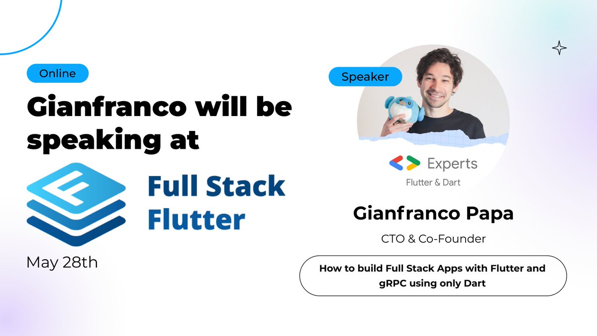 Exciting news! Our CTO & Co-Founder, @papa_gianfranco, is speaking at #FullStackFlutterConference!

Don't miss out! Register for FREE & mark your calendar for May 28th: fullstackflutter.dev

P.S. Share the love & spread the word! #Flutter #Dart #gRPC