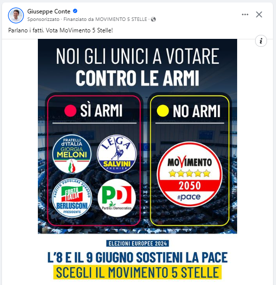 'Parlano i fatti. Vota MoVimento 5 Stelle!'
Giuseppe #Conte 
#europee2024 #8giugno #9giugno 
#M5Stelle 
#IoVotoM5S