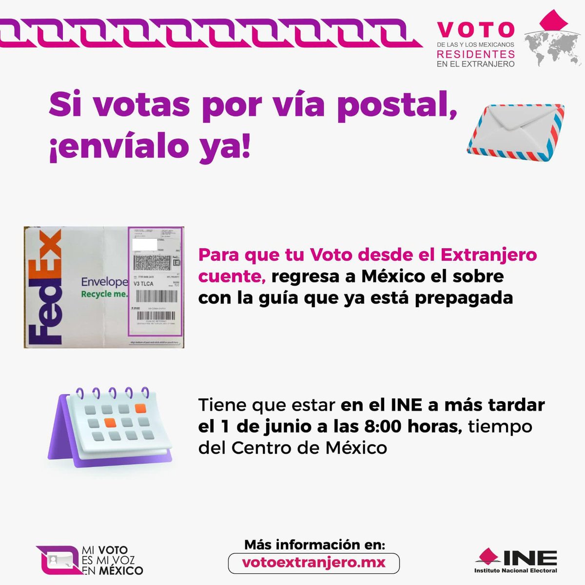 🌎 ¡Que no se te pase! Devuelve el sobre con tu #VotoExtranjero para que llegue a más tardar el 1 de junio. ¡Participa! Conoce más información en 👉🏼 votoextranjero.mx