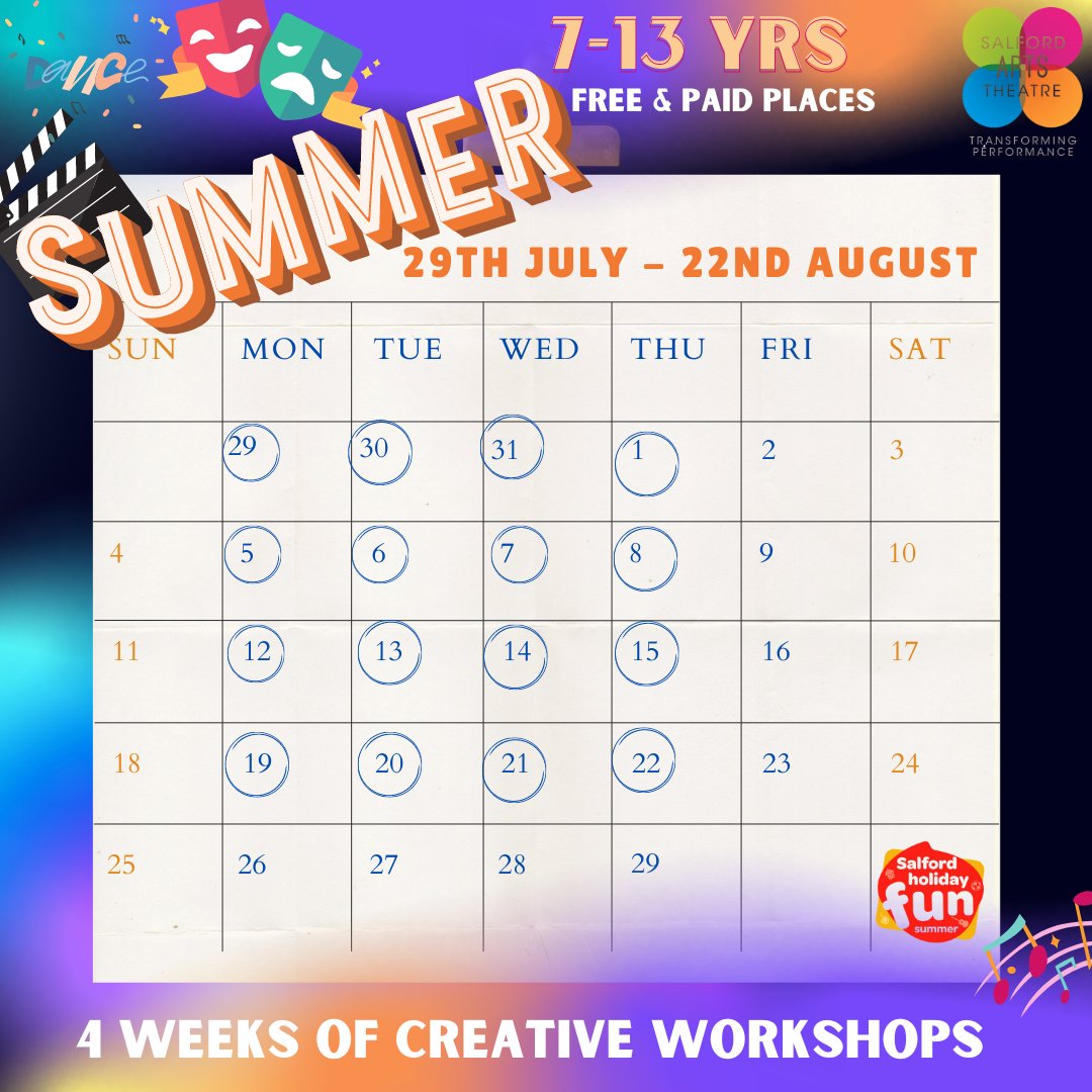 4 Weeks of Fun for children in Salford 7 – 13 yr olds Acting, Dance and Arts & Crafts
FREE Places if you are eligible PAID places limited availability 29th July  - 22nd Aug 10am – 3.30pm 
Book your child eequ.org/experience/8384
#haf2024
#summeractitivies