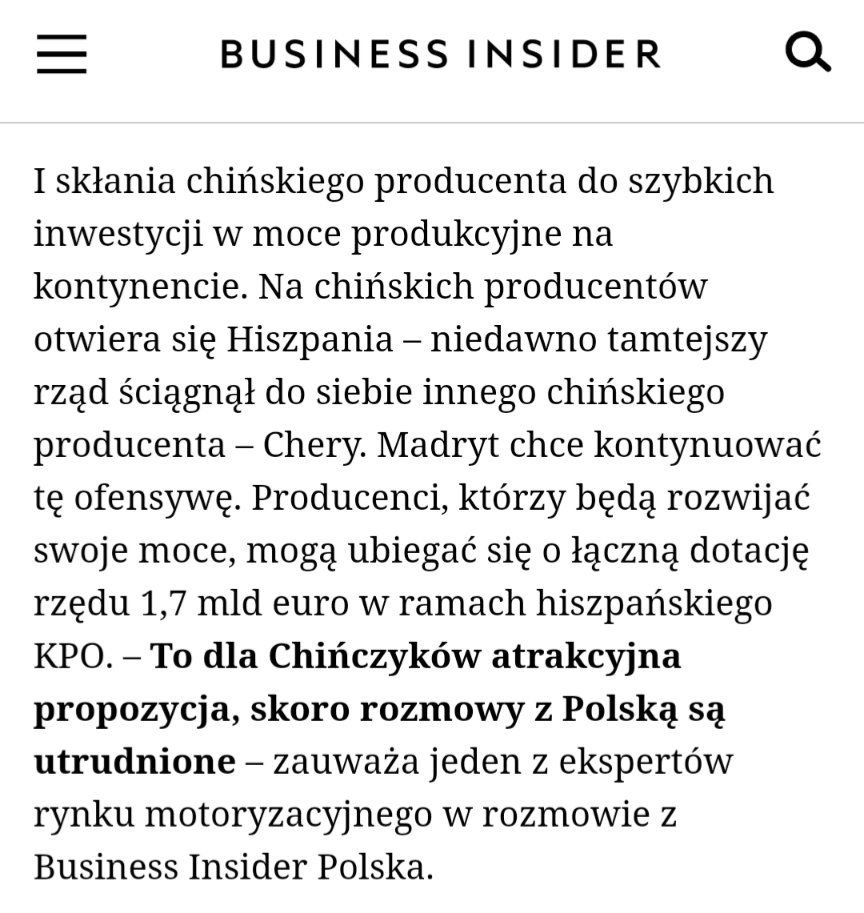 #TakDlaRozwoju
Jeśli koncepcja Izery upadnie to cała odpowiedzialność będzie spoczywać wyłącznie na rządzie.
Tylko znowu - Polski szkoda.
Audyty są pozytywne, o Geely walczą inne kraje, w tym oferując środki z KPO.
To nie pytanie CZY, tylko Z KIM?
businessinsider.com.pl/technologie/mo…