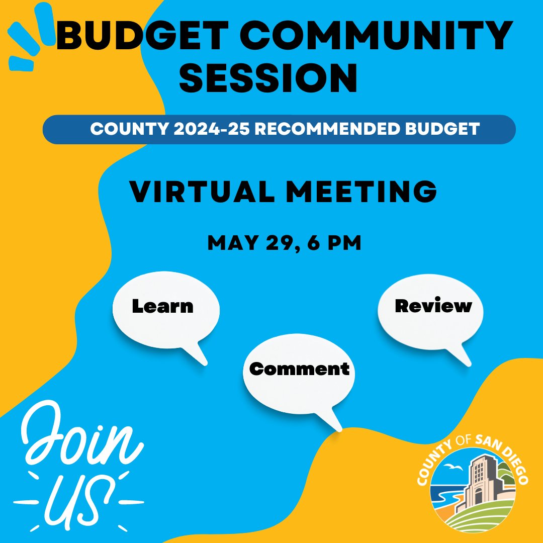 Join us for a virtual community session on the Recommended Budget and provide feedback!

Details on the virtual session at engage.sandiegocounty.gov/countybudget24…