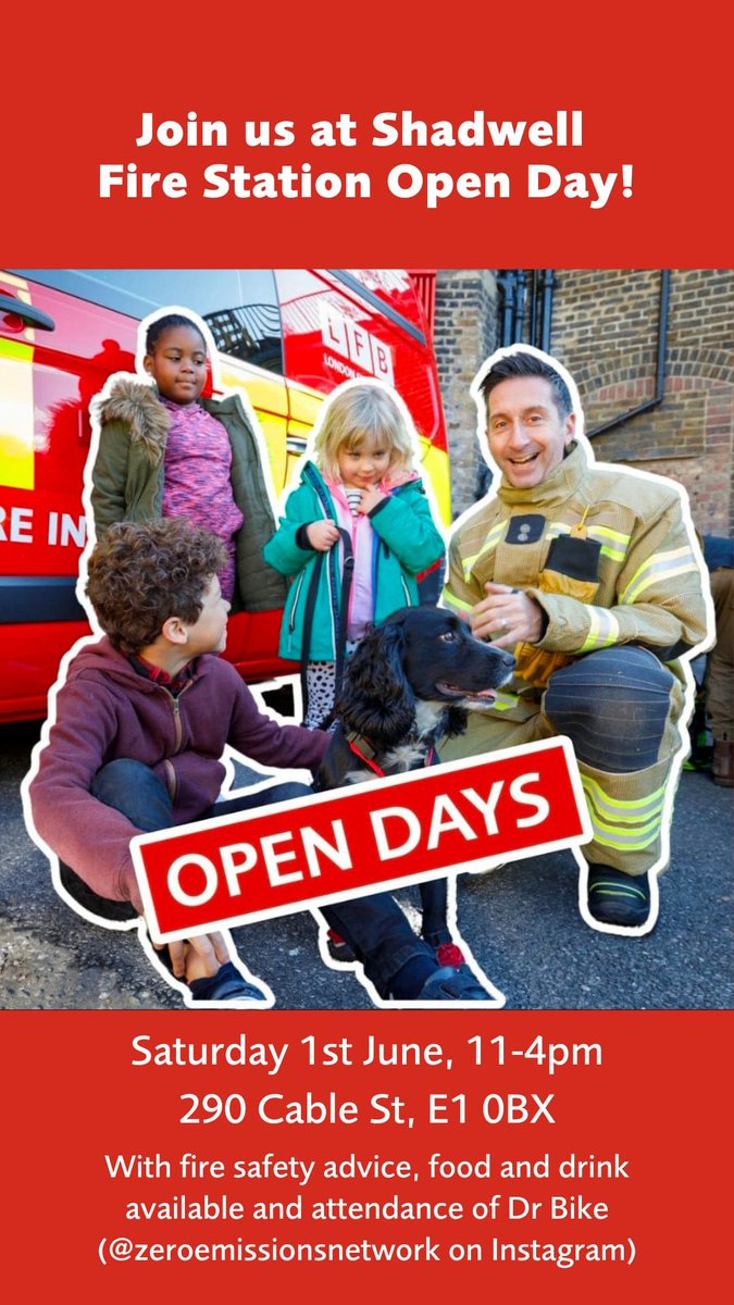 If you're free on Saturday, why not come down to #Shadwell fire station? There'll be food, drinks, and the chance to meet your local fire crew. You might even get to peek inside a fire engine! Bring along the kids and learn tips to keep you and your family safe from fire.