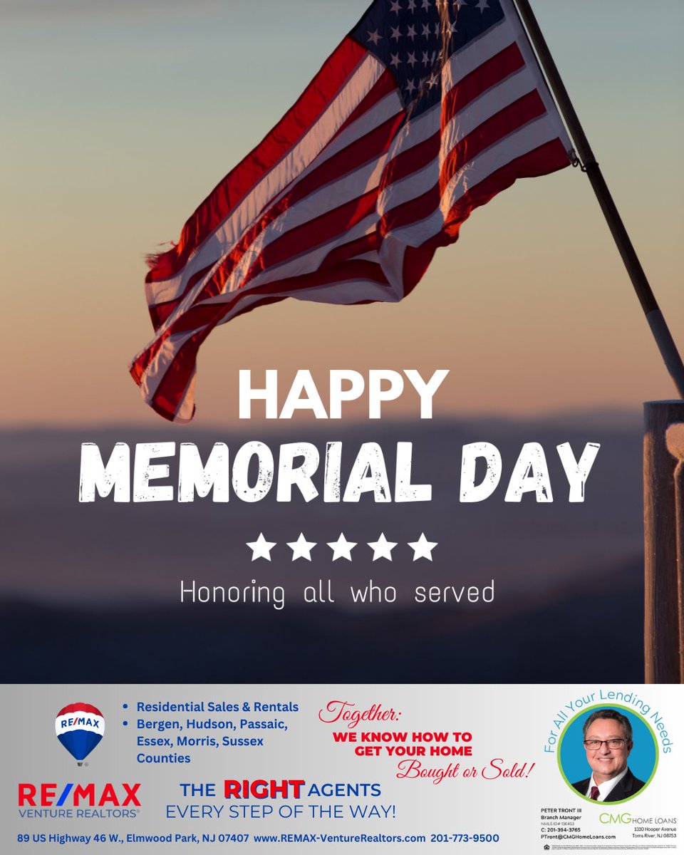 As we gather to honor the brave souls who gave everything for our freedom, let's also cherish the moments with loved ones that they made possible. Today, we remember and salute the heroes who made the ultimate sacrifice.

#remax, #remaxventurerealtors, #bergencounty,