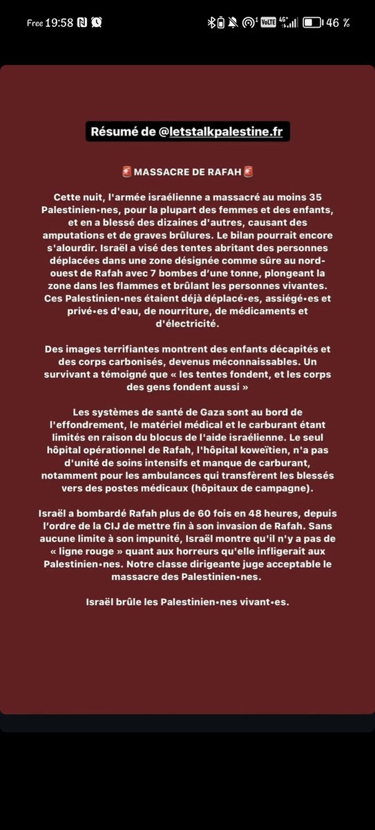 Petit résumé 

#AllEyesOnRafah
#RafahUnderAttack 
#StopGazaGenocide
#StopIsraeliTerrorism
#FreePalestine
#JusticeForPalestine