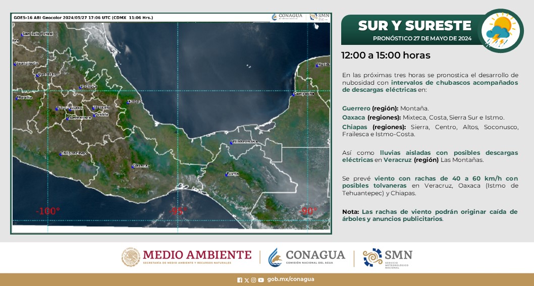 Durante las próximas 3 horas, se pronostican #Chubascos con #DescargasEléctricas y posible caída de #Granizo, en los estados del noreste, occidente, sur y sureste de #México. Mayor información en los gráficos ⬇️