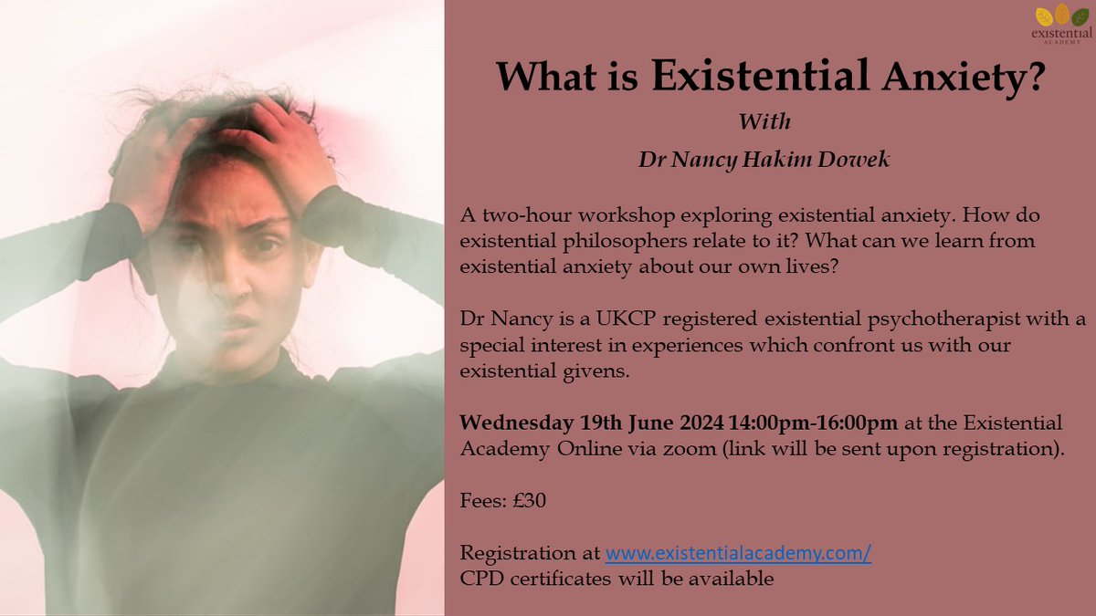 Join us for the next EA workshop on Wednesday, June 19, 2024, from 14:00-16:00 BST with Dr. Nancy Hakim Dowek. Discover the meaning of Existential Anxiety and gain insights into your own life. Don't miss this enlightening session!

 #Existential #Anxiety  #SelfDiscovery