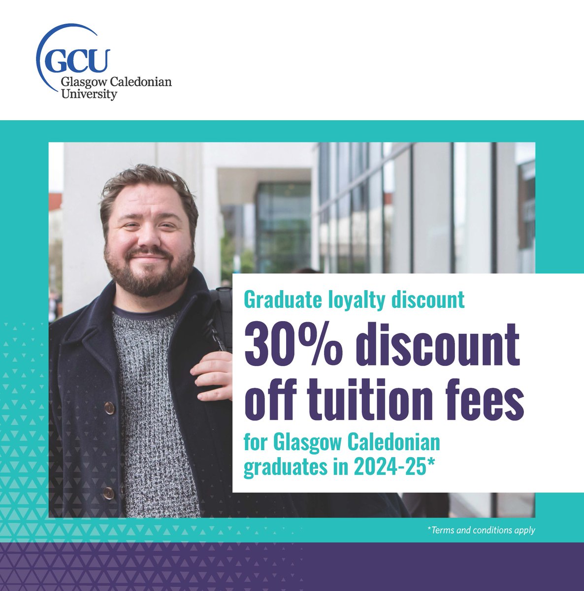 Considering postgraduate study? GCU graduates can take advantage of our graduate loyalty discount and get a 30% discount off tuition fees. 💙 Find out more here ⬇️ gcu.ac.uk/study/postgrad…
