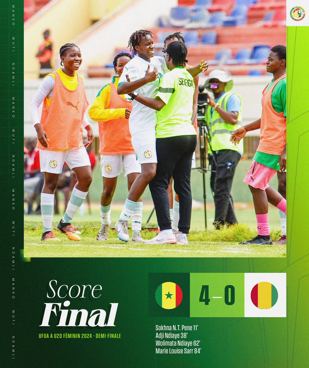 Le Sénégal s’impose 4-0 contre la Guinée et décroche son ticket pour la finale du tournoi UFOA A U20 feminin. Nos lioncelles poursuivent leur parcours sans faute. Rendez-vous mercredi à Thies pour finir en beauté. #MankoWutiNdamli