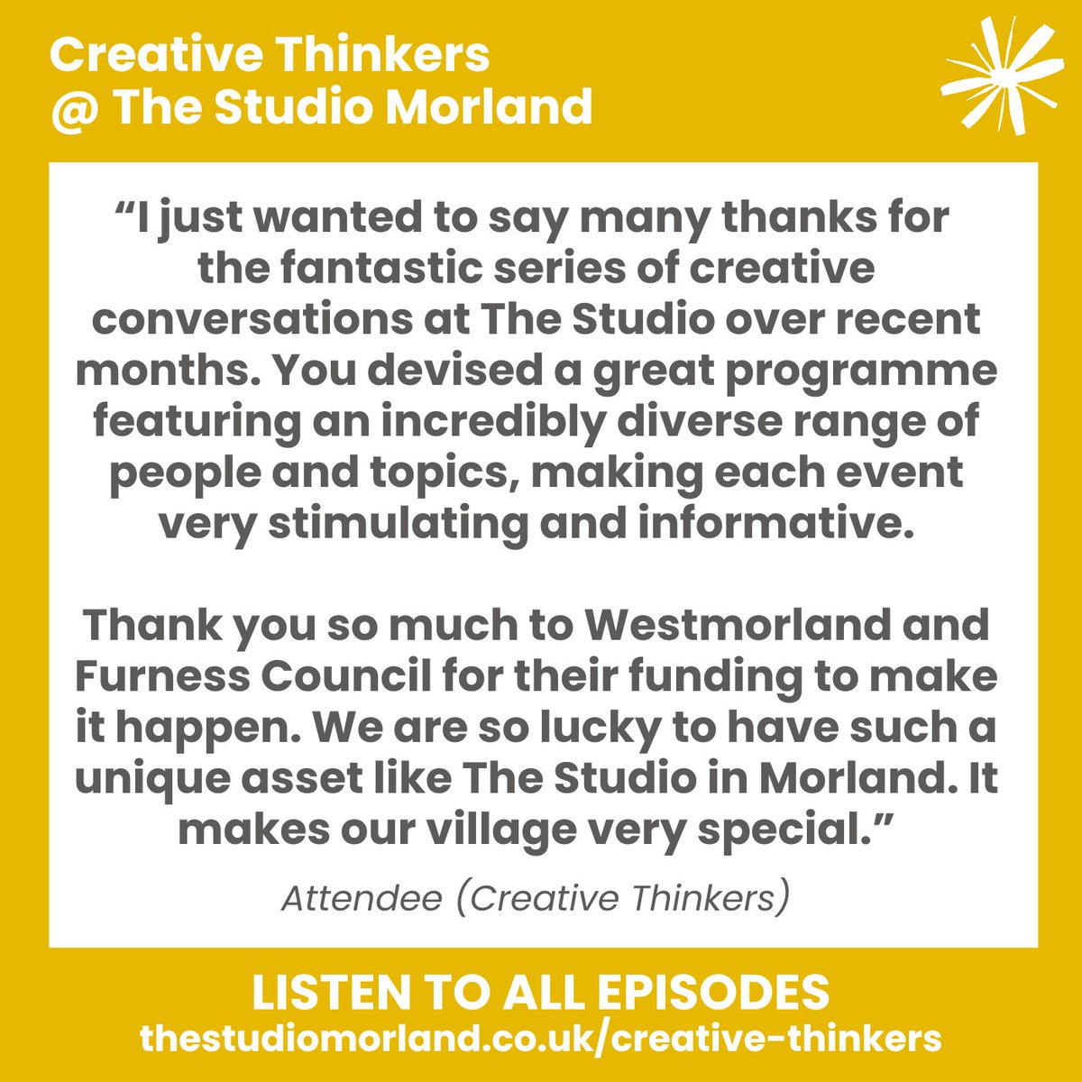 It's so heartening to receive positive feedback about our programmes at the studio. If you missed our Creative Thinkers talks, you can listen to the live recordings of the whole season on Spotify or our website. Let us know what you think!

thestudiomorland.co.uk/creative-think…