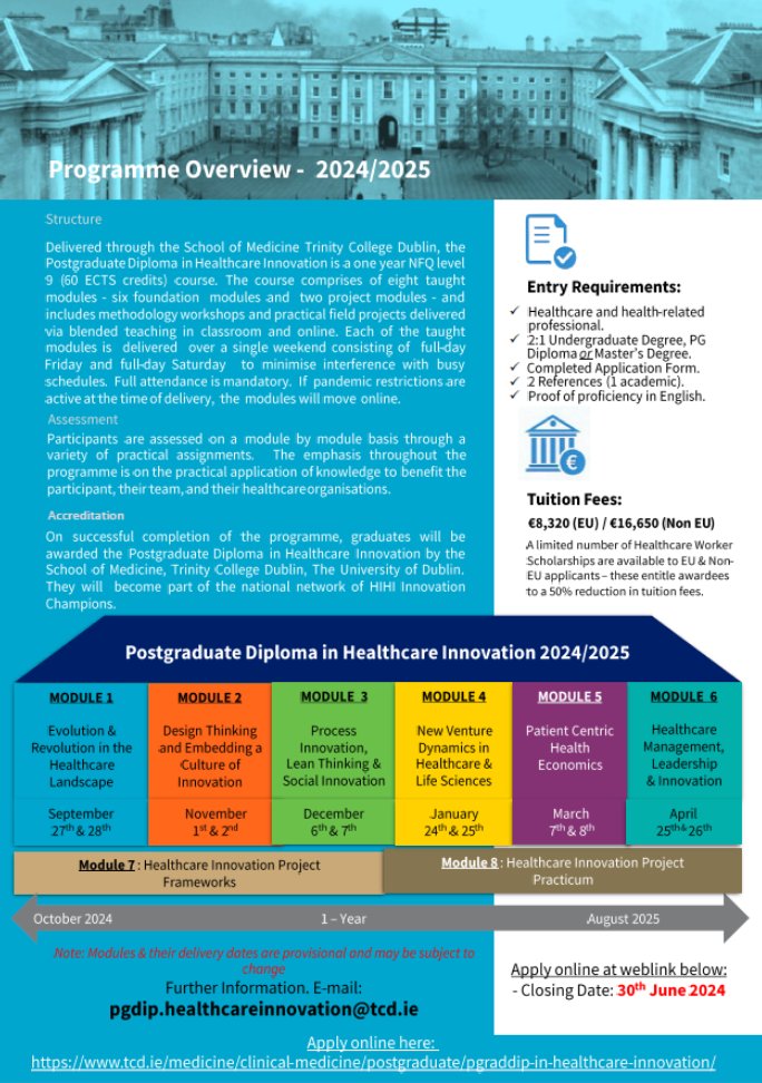 Health Innovation Hub Ireland (@hihireland) on Twitter photo One month to go to apply to the <a href="/PGDipInnovation/">TCD Postgraduate Diploma in Healthcare Innovation</a> in Healthcare Innovation, a @TCD collaboration with <a href="/HIHIreland/">Health Innovation Hub Ireland</a>. Become a healthcare innovation champion of the future! Apply today tcd.ie/courses/postgr…
<a href="/Entirl/">Enterprise Ireland</a> <a href="/roinnslainte/">Department of Health</a> <a href="/UCC/">UCC Ireland</a> <a href="/uniofgalway/">Ollscoil na Gaillimhe | University of Galway</a> <a href="/INMO_IRL/">Irish Nurses & Midwives Organisation</a> One month to go to apply to the <a href="/PGDipInnovation/">TCD Postgraduate Diploma in Healthcare Innovation</a> in Healthcare Innovation, a @TCD collaboration with <a href="/HIHIreland/">Health Innovation Hub Ireland</a>. Become a healthcare innovation champion of the future! Apply today tcd.ie/courses/postgr…
<a href="/Entirl/">Enterprise Ireland</a> <a href="/roinnslainte/">Department of Health</a> <a href="/UCC/">UCC Ireland</a> <a href="/uniofgalway/">Ollscoil na Gaillimhe | University of Galway</a> <a href="/INMO_IRL/">Irish Nurses & Midwives Organisation</a>
