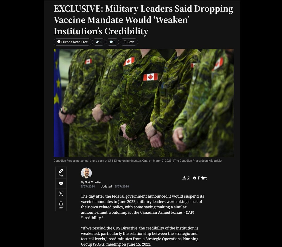 The jab-pumping, DEI-cheerleading leaders of our military are more concerned about defending their bad decisions than they are about preserving the health of our soldiers. Nobody should join the Canadian military at this point, since it is ideologically captured and toxic.