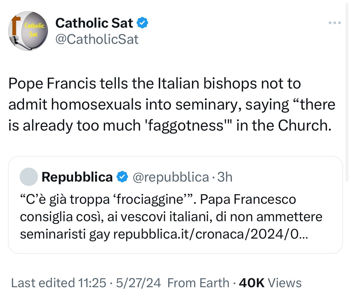 Literally every single day I pray for Pope Francis, and in that prayer I ask that God will help him repent of confusing teaching and coddling heretics. I take little news-nuggets like this as a sign that God is listening. 👇