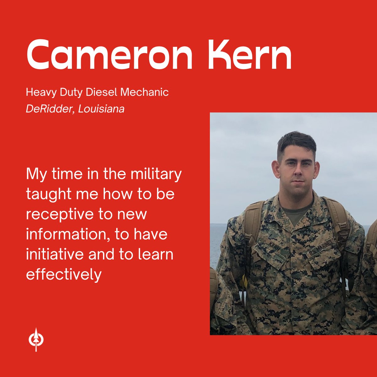 May is Military Appreciation Month which honors current and former members of the US Military. Meet Cameron Kern, Heavy Duty Diesel Mechanic based in DeRidder, Louisiana! As a mechanic in wood products manufacturing, he helps to ensure safe operations at our facility. Prior to