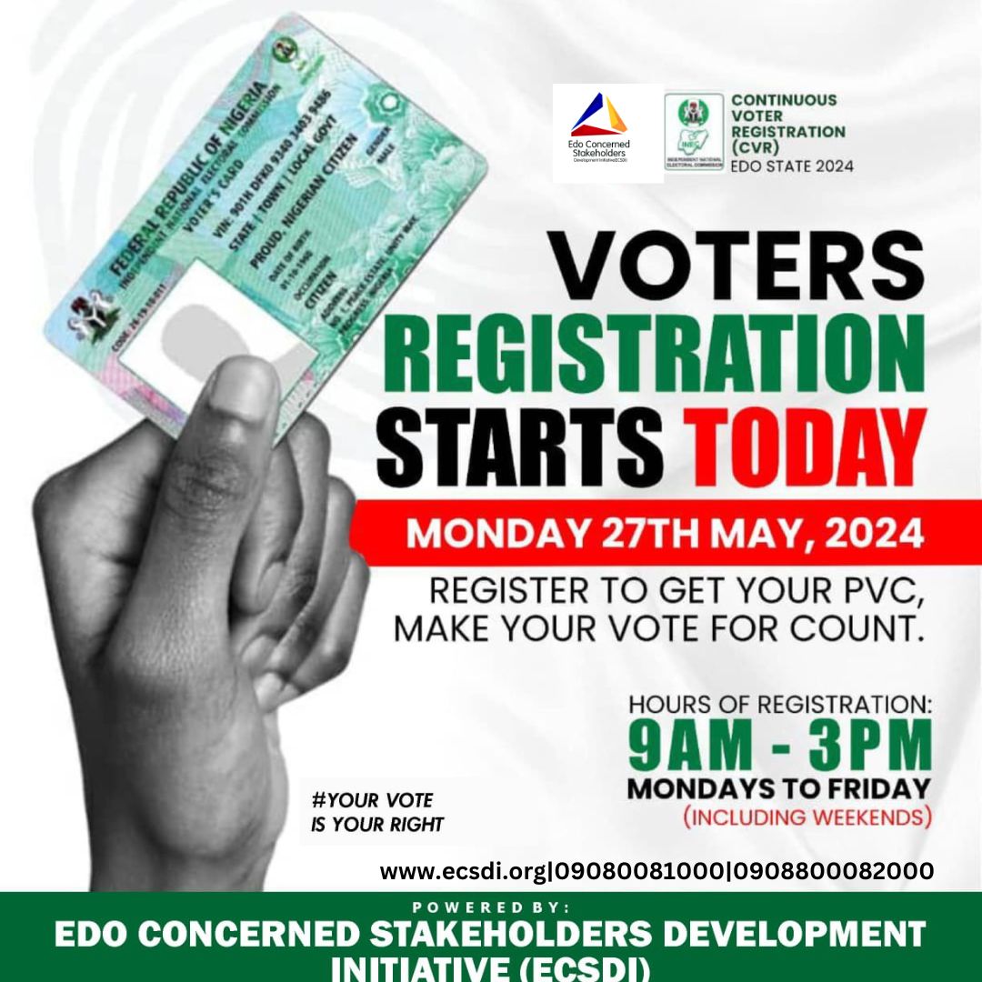 My fellow Edo Concerned Stakeholders, the power to change the narrative in Edo state is in our hands. As voter registration begins today, let's share this widely to encourage all who are eligible, to go out and get registered to vote.

If you no register, you no fit vote. If you