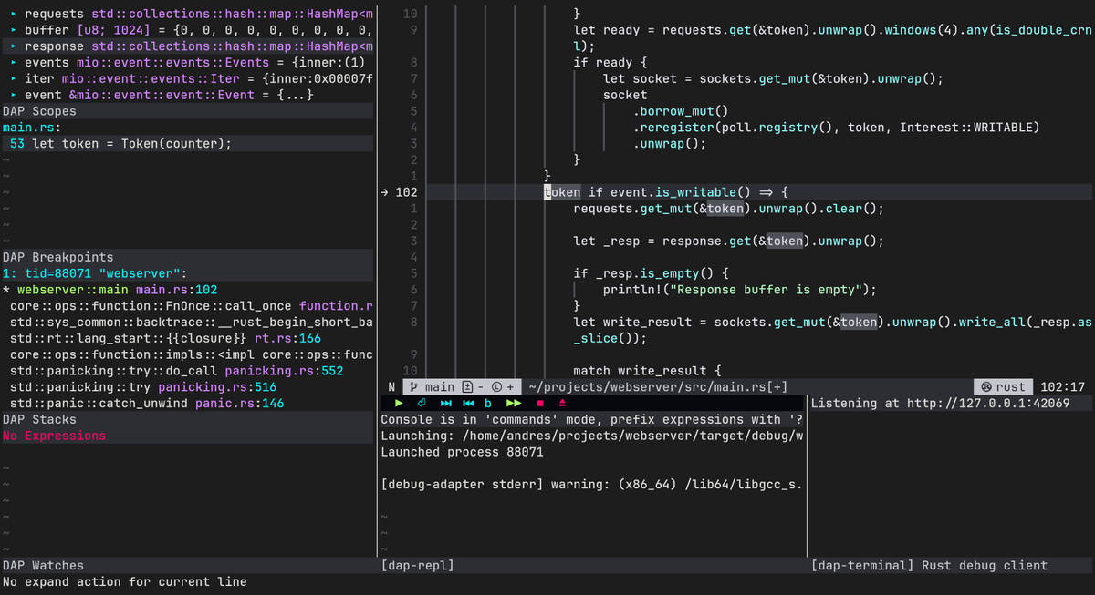 andrsbtrg's tweet photo. Debugging inside of neovim is sick. Nothing beats going line by line to understand how something works, in this case non-blocking io with mio https://t.co/gATKGDGuvh