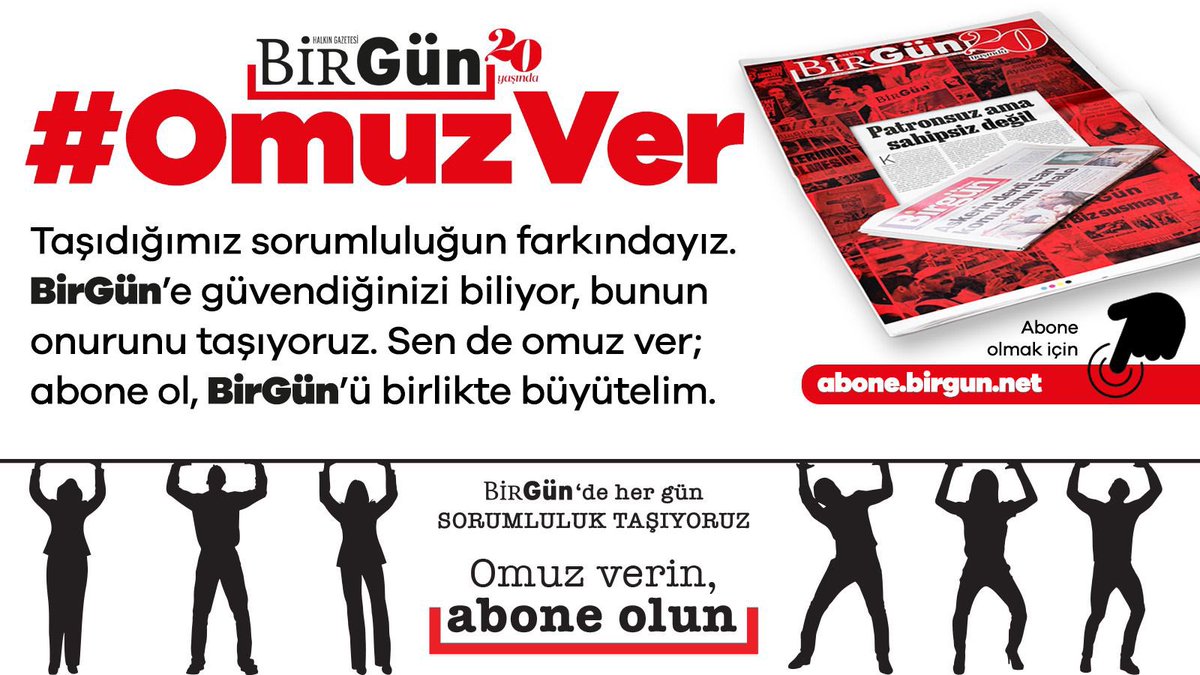 BirGün Gazetesi 20 yıldır doğru ve bağımsız haberciliğin sesi. Hakikat ve adalet yolunda daha güçlü BirGün için sen de #Omuzver
#BirGün20Yaşında 
#ÖzgürBasın