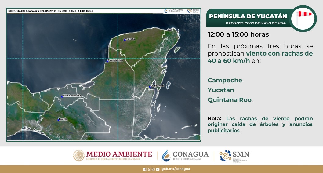 💨 Durante las próximas 3 horas, persistirán #Vientos con #Rachas de 40 a 60 km/h en sitios de #Campeche, #Yucatán y #QuintanaRoo. ¡Toma tus precauciones!