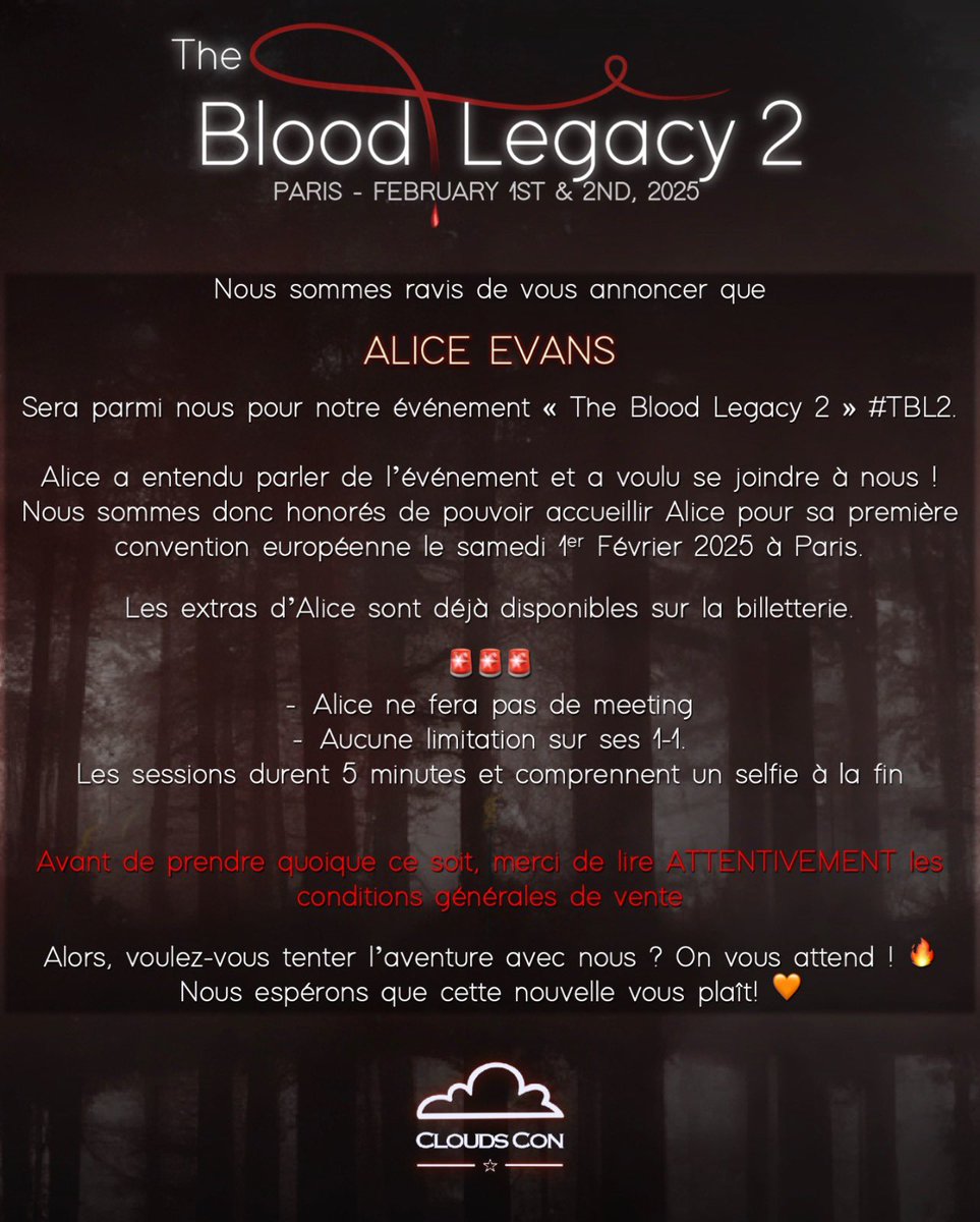 StarsConvs's tweet photo. #TBL2 #TheBloodLegacy2 🩸

Nous sommes très heureux de vous annoncer la venue de ALICE EVANS pour la #TBL2!

Alice sera présente le Samedi uniquement et est vraiment très heureuse de venir à votre rencontre pour sa première convention européenne!

🗓️ Samedi 1er Février 2025
📍Paris, FRANCE 🇫🇷

***

We are so thrilled to announce that ALICE EVANS is our 8th for our #TheBloodLegacy2 convention next February in Paris 🩸

Alice will attend the con only on Saturday!
She really is excited to see you all for this new edition!

🗓️ Saturday, February 1st 2025 ONLY
📍 Paris, FRANCE 🇫🇷

🎟️ https://t.co/qmyavXe56v

#thevampiresdiaries #theoriginals #TBL2 #Esther #MikaelsonFamily