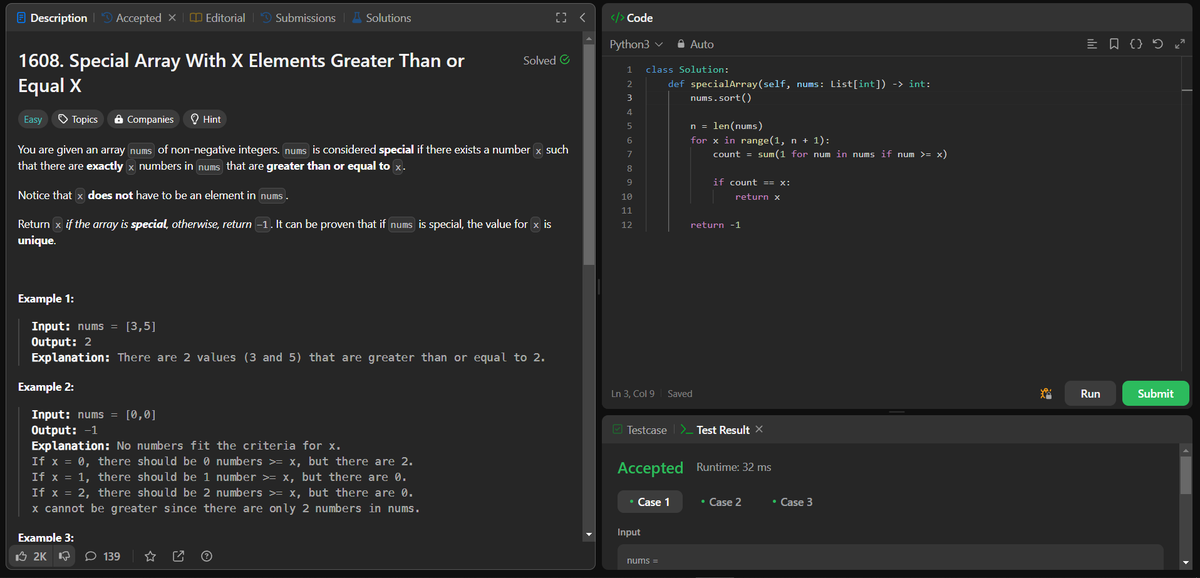 akhand_4795's tweet photo. 🌟Day 59 of my '60 Day DSA Challenge' complete!
Today's challenges tackled on LeetCode:💡🚀

1. Problem No. 1608 - Special Array With X Elements Greater Than or Equal X
2. Problem No. 581 - Shortest Unsorted Continuous Subarray

#60DayDSAChallenge #Python #LeetCode #DSA #Day59 https://t.co/gwlAPx3X7V