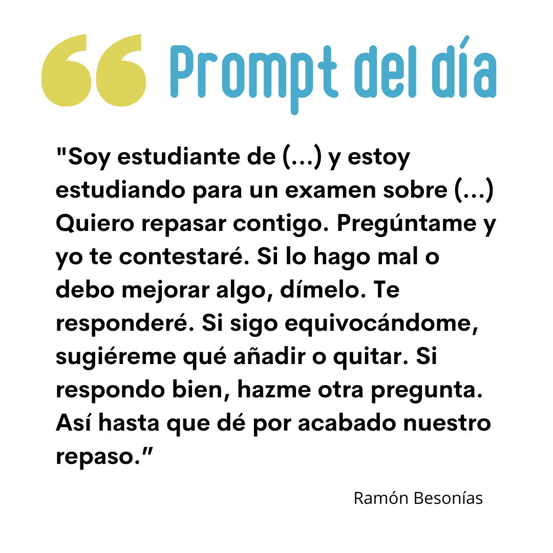 #promptdeldia #IAeducativa La IA puede ayudar al alumno a repasar para un examen. Ahí va un prompt. Pruébalo tú mismo, pásaselo a tus alumnos y me cuentas. Recuerda que el alumno debe tener sus apuntes o esquemas delante para comprobar las respuestas.