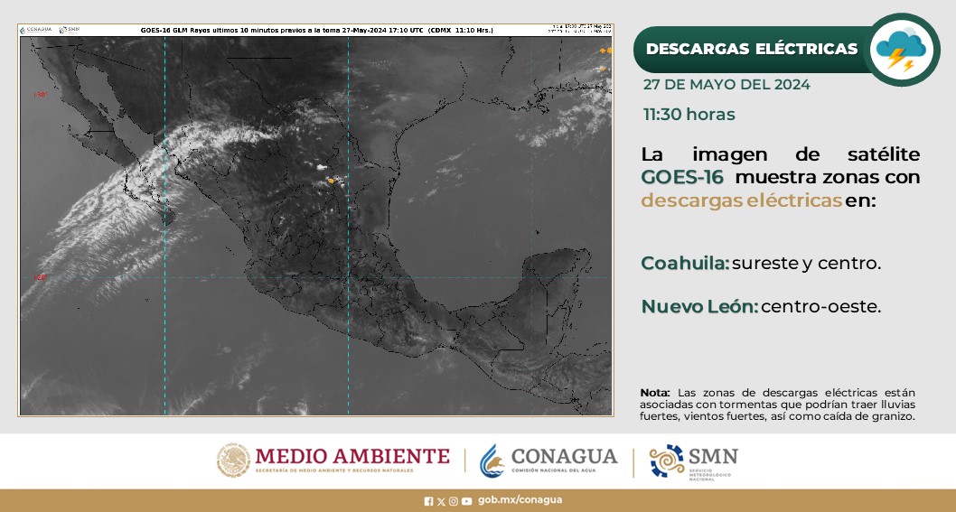 ⚡️ Se observan zonas con #DescargasEléctricas en el sureste y centro de #Coahuila y en el centro-este de #NuevoLeón.