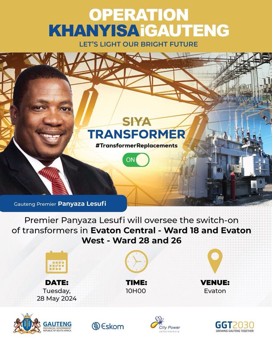Premier Panyaza @Lesufi will tomorrow, 28 May 2024, oversee the #SwitchOn of transformers in Sebokeng and Evaton as part of the #TransformermerReplacements Programme, bringing back power to communities without electricity.
#OperationKhanyisa