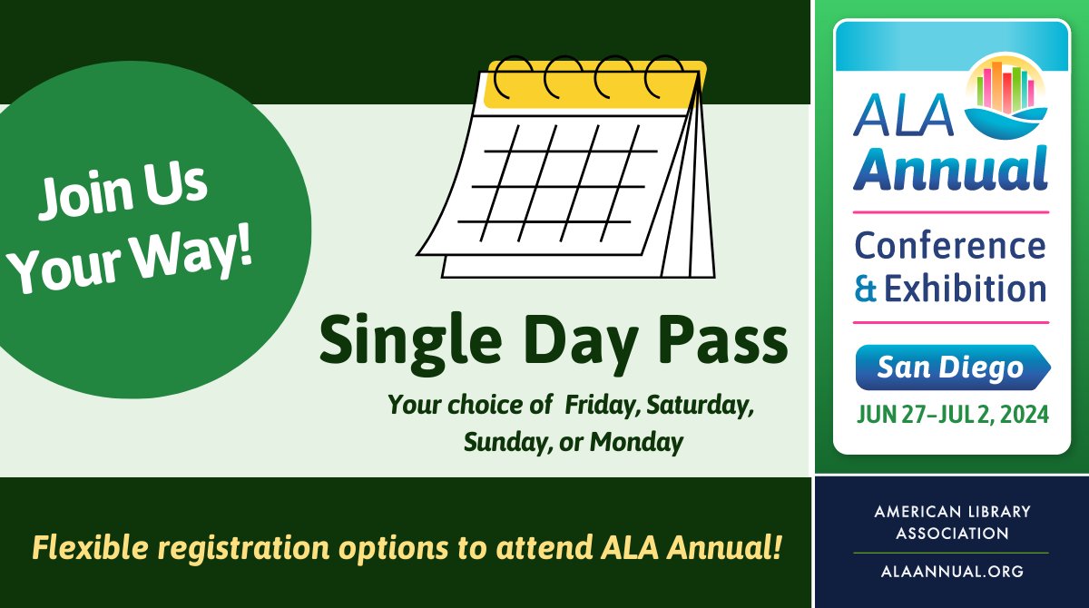 📅 Choose your day to join us at #ALAAC24 with a Single Day Pass! Be inspired by featured speakers, access professional development in education programs, and meet with exhibitors & authors in the Library Marketplace! bit.ly/3wXbvld ➡️ Register today & SAVE!