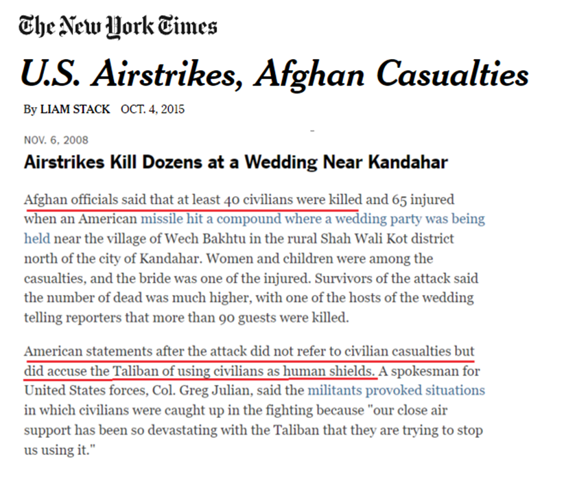 US aristrike killed 40 Afghan civilians in a wedding party in Wech Bakhtu. US spokesperson blamed the Taliban for using “human shields.” Somehow, Israel does not quite get the same understanding. 3/