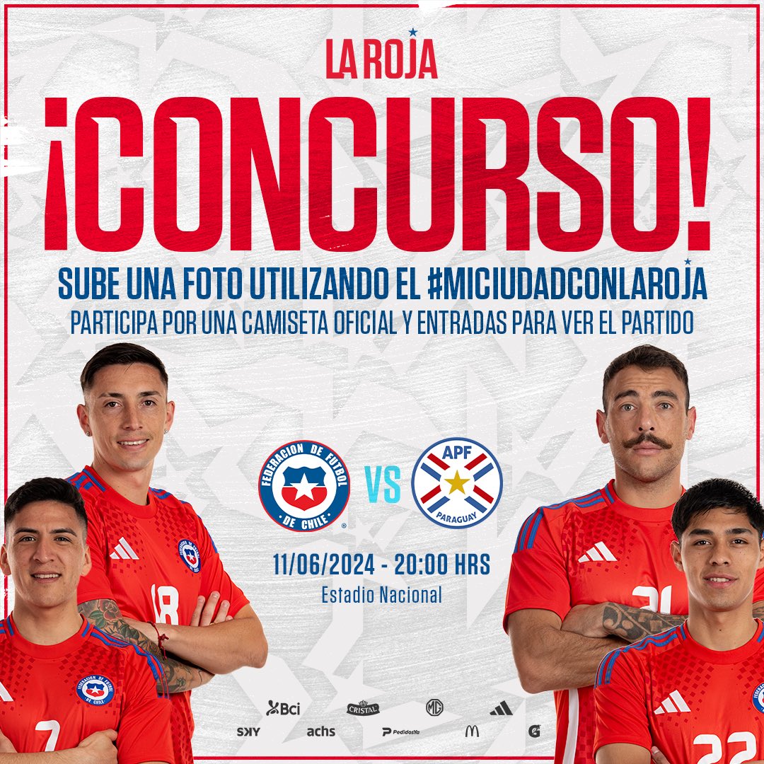 LaRoja's tweet photo. 🚨 ¿Quieres ganar la camiseta de #LaRoja y entradas para el 🇨🇱🆚🇵🇾?

🫵📸 ¡Concurso #MiCiudadConLaRoja!

1️⃣ Síguenos en X: @LaRoja.
2️⃣ Sube tu foto o video contándonos desde dónde alientas a #LaRoja 
3️⃣ Etiquétanos y no olvides utilizar el #MiCiudadConLaRoja

¡El/la ganador(a) será anunciado el próximo LUNES 3 DE JUNIO! 🍀

#SomosLaRoja