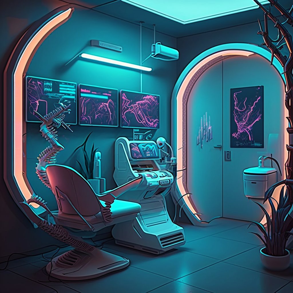 In Synthtopia, a secret room fuses technology and nature, where a chair with mechanical limbs connects thoughts to luminous panels. Digital butterflies reveal subconscious maps, while neon-breathing plants line the corridor. NFT #7672 #SYNTHTOPIA #SynthtopiaChronicles #crofam