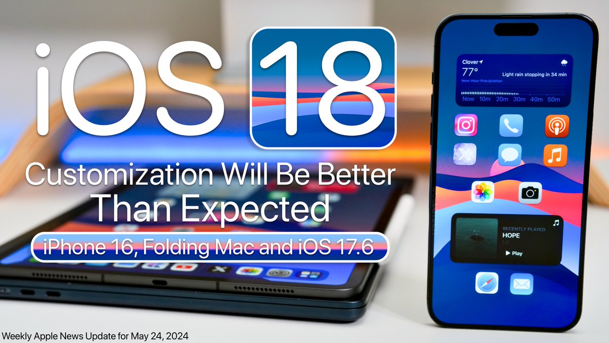 iOS 18 is just a couple weeks away from being shown for the first time and it seems customization and AI may be at the forefront.  Here is the weekly Apple News update.  Hope you enjoy and have a great day.

Full Video Here:  youtu.be/D9RLs93RkXI