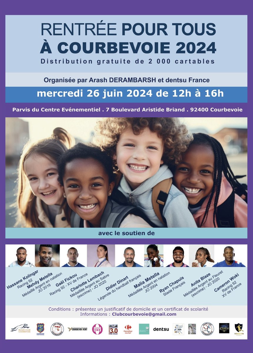 9ème édition de la distribution gratuite de 2000 cartables aux enfants de #Courbevoie le mercredi 26 juin avec <a href="/dentsuFR/">dentsu france</a> et <a href="/Arash/">Arash Derambarsh 🇫🇷🇪🇺🌳 PhD in Law</a>. 

🤝 Action associative dont les fonds sont totalement privés. Merci à nos partenaires

🎥 voici en vidéo l’édition 2023 👉 youtu.be/OdVHtm1VuRQ?si…
