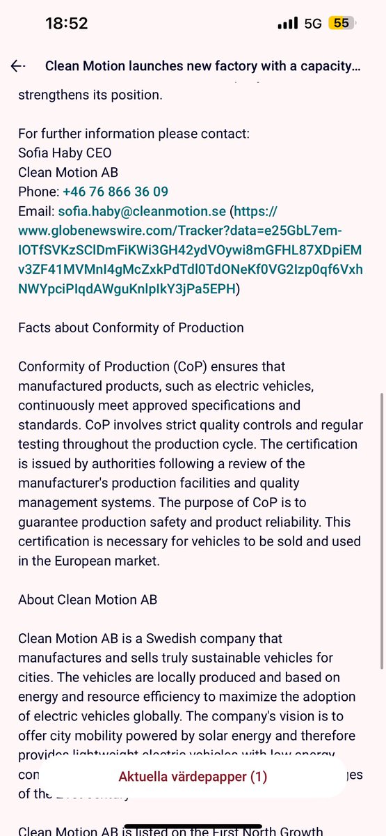 ESGFIRE's tweet photo. đ Clean Motion, our largest holding, launches a new factory with a 3,000 vehicle/year capacity! Potential revenue: $70M. With a 20% EBIT margin and a 30x EBIT multiple, this could drive the stock to 40 SEK/share (currently 1.4 SEK). $CLEMO #InvestmentOpportunity https://t.co/tmTZaL7JRk
