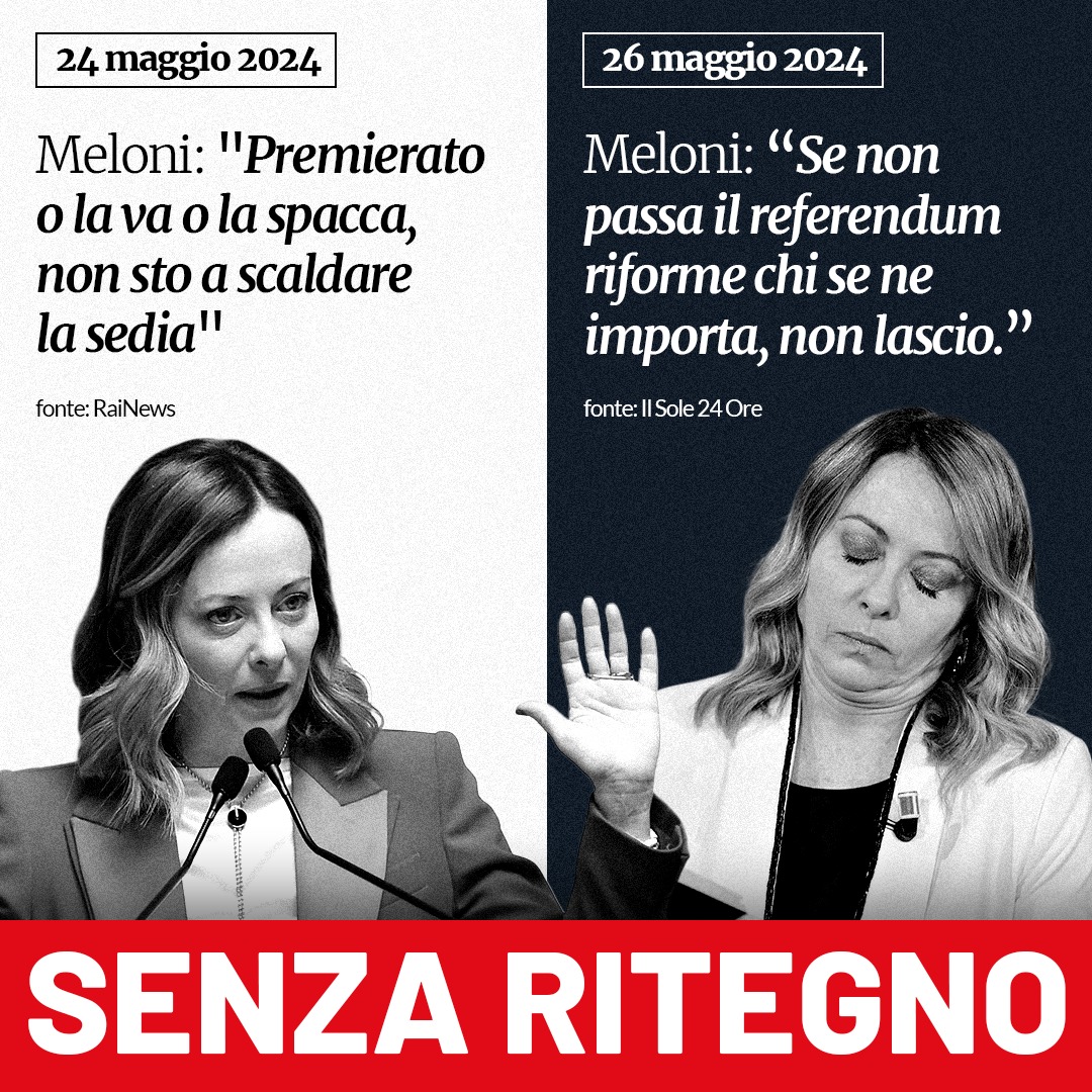 In quanto a coerenza ha superato #Renzi.
Addirittura ha cambiato versione ancor prima dello scontato referendum.
Quindi continua pure a scaldare la sedia distraendo gli #adDestrati.
Quanta #fuffa 'sti improvvisati.

#MeloniTornaACasa 
#Meloni_è_poca_cosa 
#MELONI_CHE_SQUALLORE