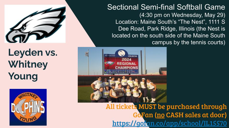 Come cheer for the BIRDS as they take on the Dolphins this Wednesday at the Maine South Softball Sectional! @Leydenathletics @leydenpride212 @IHSA_IL @IHSAScoreZone @MaxPreps #GoBirdsGo @Dion_JTsports @dhpreps