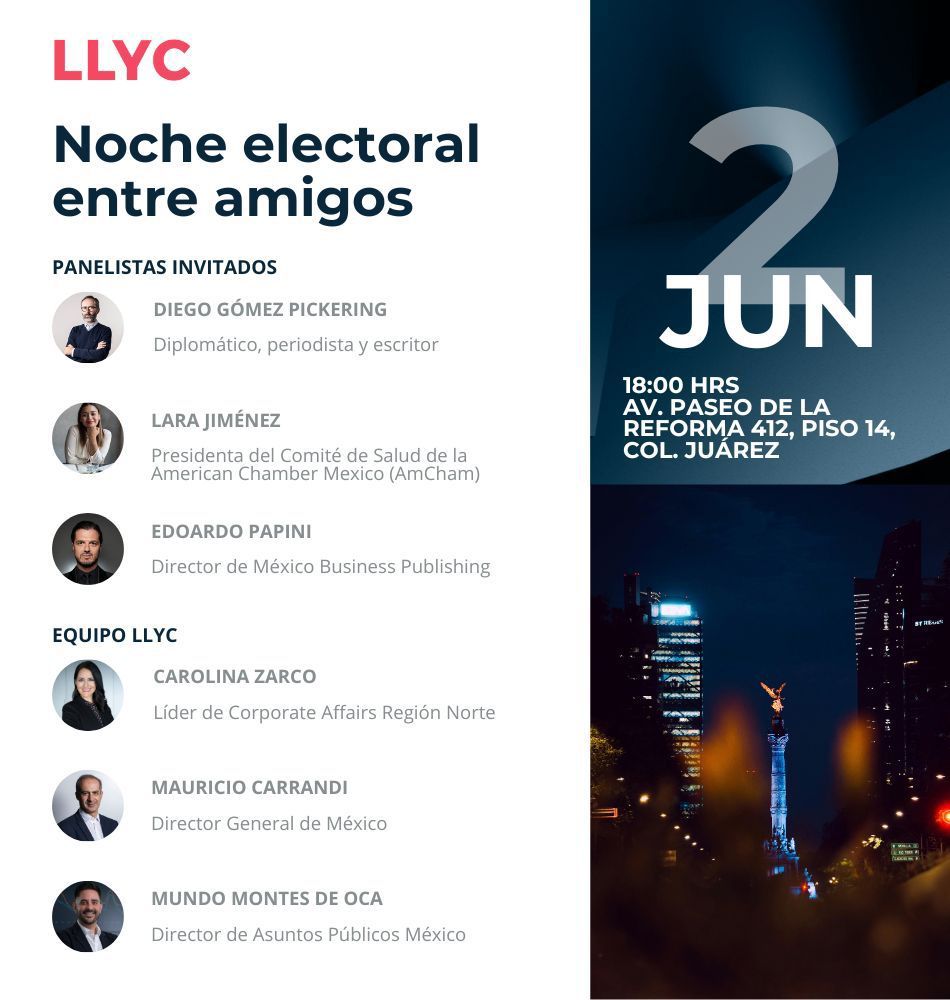 Participa este domingo en nuestra #NocheElectoral para seguir la transmisión en vivo de las #Elecciones2024MX con comentaristas como @gomezpickering y la presentación del análisis de @LLYC_Global sobre escucha digital en México. Confirma asistencia -> lnkd.in/epZXdzPS