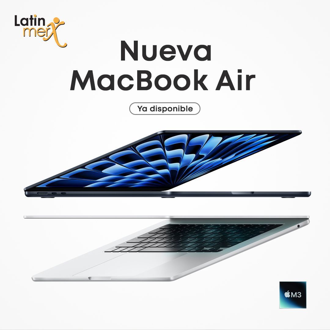 LatinMerx's tweet image. ¡Prepárate para la emoción con la flamante MacBook Air! Equipada con el potente chip M3, es perfecta para trabajar y jugar. 

Autonomía de hasta 18 horas, lleva contigo el MacBook Air a todas partes y disfruta de un rendimiento excepcional. 

Disponible ya en LatinMerx.