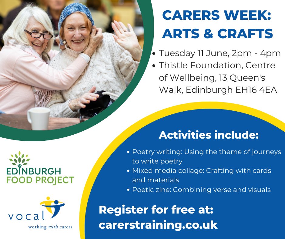 Carers can celebrate #CarersWeek with us on Tuesday 11 June, 2pm-4pm with an afternoon of arts and crafts, hosted together with @EdinFoodProject. Visit our Carer Training site to book: ow.ly/YSYK50RWlVK or call 0808 196 6666.