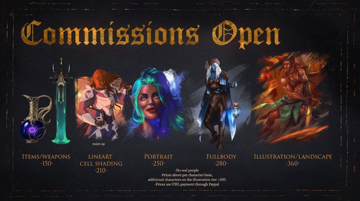 COMMISSION SLOTS OPEN! ✨ DM for a slot, have your details such as email/paypal/description to fill out the form Details on the banner RT's GREATLY appreciated ;)