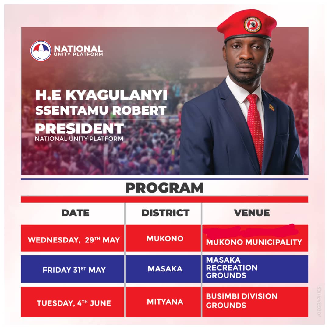 HEBobiwine's tweet image. UPDATE: 

Here is our adjusted program for Mukono, Masaka and Mityana districts. The Police claimed that the venues we had initially booked are not convenient, even when other political groups have been using them. They even declined us using the Liberation Square in Masaka City…