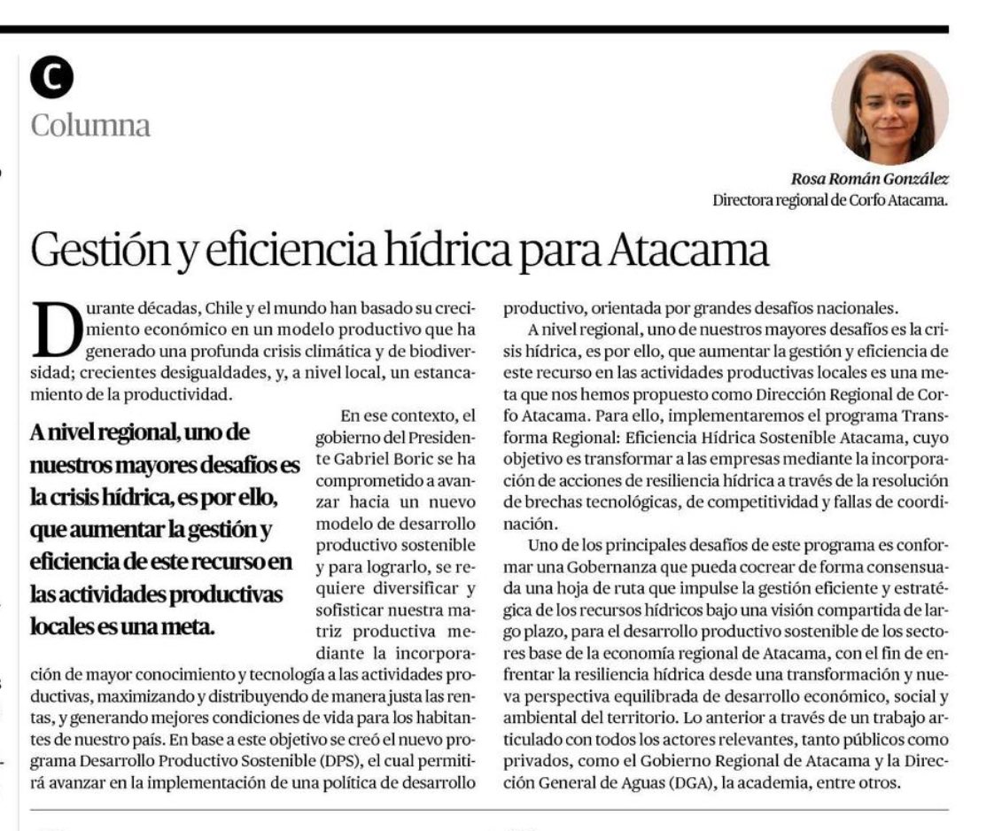 Te invitamos a leer esta columna de opinión de la directora regional de #CorfoAtacama Rosa Román, publicada en el <a href="/diarioatacama/">Diario Atacama</a> y donde se refiere al desafío de aumentar la gestión y eficiencia hídrica de las actividades productivas de la región.