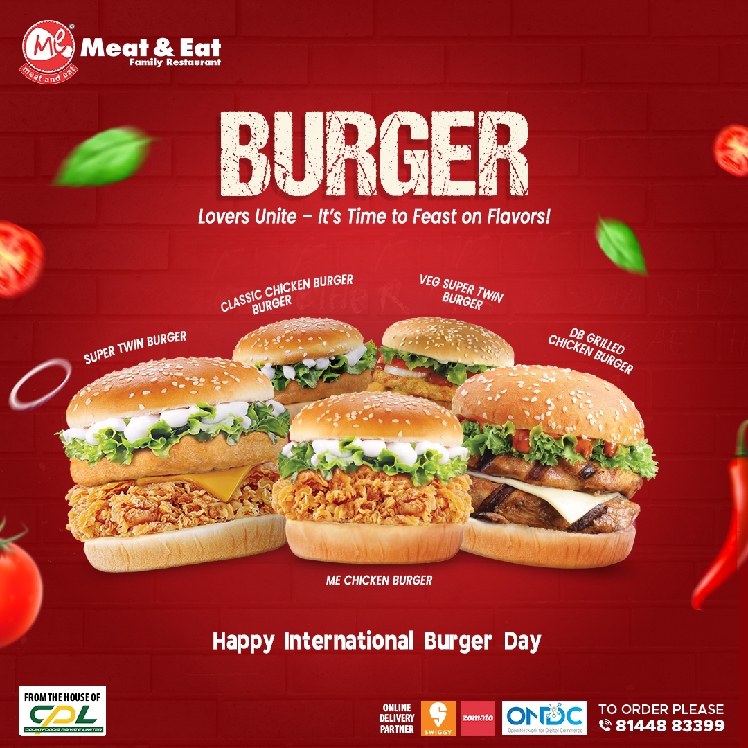 #InternationalBurgerDay #BurgerLove #Foodie #RestaurantName  #BengaluruEats #chennaieats #EatLocal #Delicious #TreatYourself #BurgerTime #PerfectPatty #BunSoGood #InstaFood #Foodstagram #Hungry #ComeGetYours #LimitedEdition #meatandeat #meatandeatindia #foodie