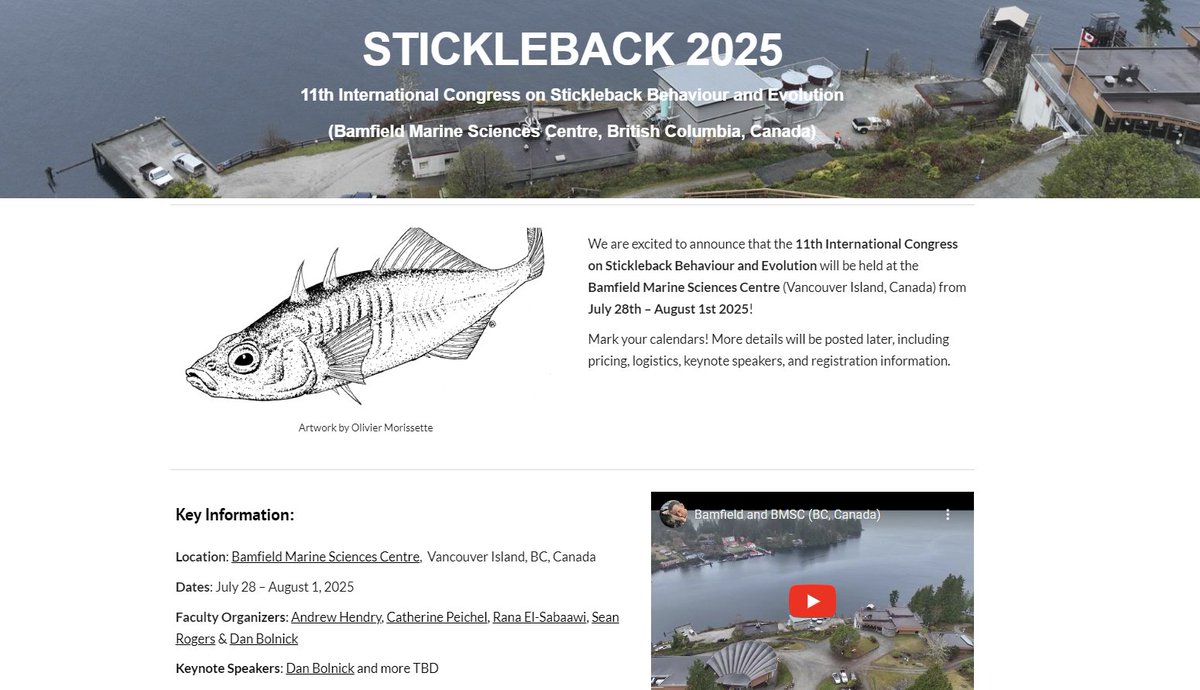STICKLEBACK RESEARCHERS - spread the word! We now have a website for our summer 2025 meeting at the Bamfield Marine Station in BC (Canada). stickleback-2025.ca Bookmark the page and check for updates in the fall.