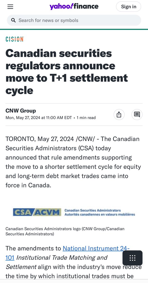 T+1 now in effect in Canada - Again it means nothing if regulators don't enforce trade settlement 'The Canadian Securities Administrators (CSA) today announced that rule amendments supporting the move to a shorter settlement cycle for equity and long-term debt market trades