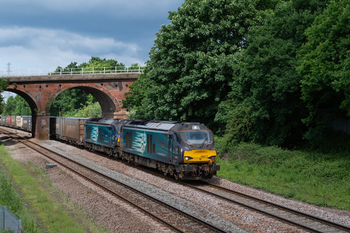 Found a couple of Cats in Woodhouse Marshlands. DRS 68017 & 68008 4Z27 0535 Coatbridge to Daventry International Rail Freight Terminal. Woodhouse Viaduct 27/05/24